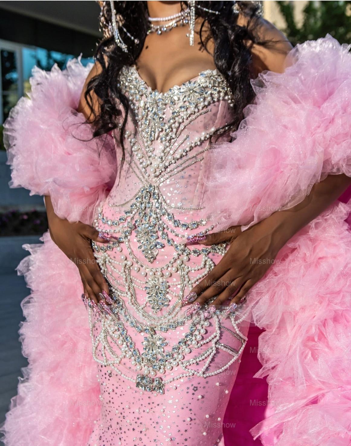 Girly Long Pink Sweetheart Sleeveless Mermaid Sequined Prom Dress with Rhinestones and Detachable Train