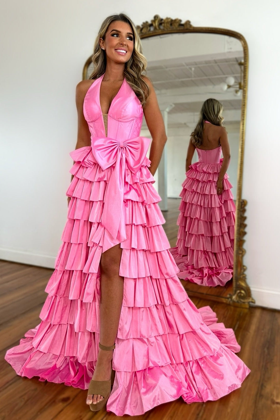 Girly Pink A-Line Halter V-Neck Sleeveless Front Split Prom Dress with Ruffles