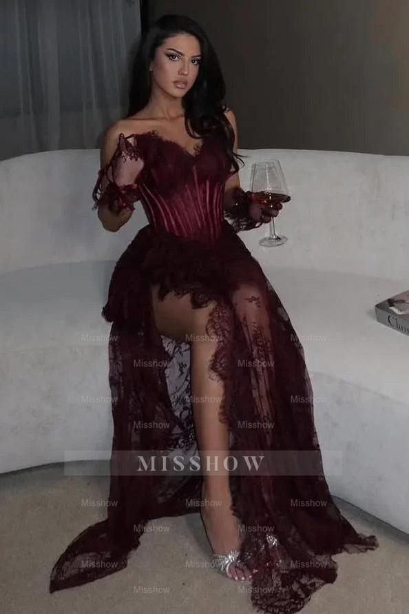 Glamorous Burgundy Sweetheart Evening Dress Sleeveless Lace with Slit