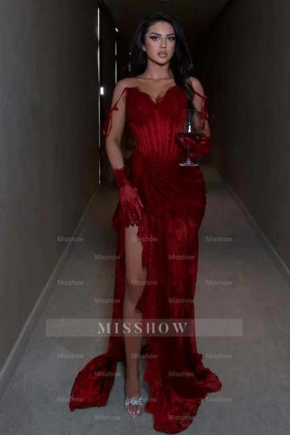 Glamorous Burgundy Sweetheart Evening Dress Sleeveless Lace with Slit