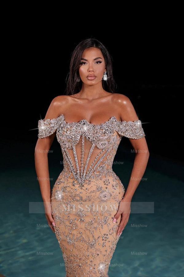 Glamorous Champagne Off-The-Shoulder Floor-Length Lace Mermaid Evening Dress with Rhinestones