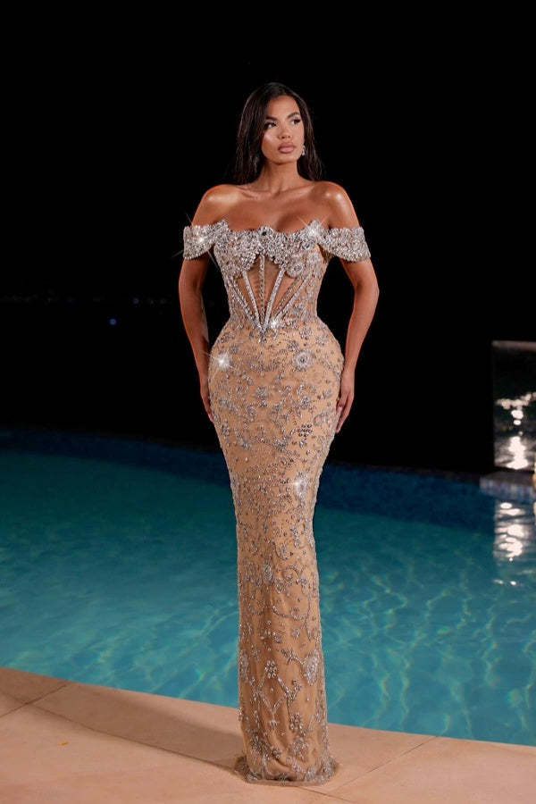 Glamorous Champagne Off-The-Shoulder Floor-Length Lace Mermaid Evening Dress with Rhinestones