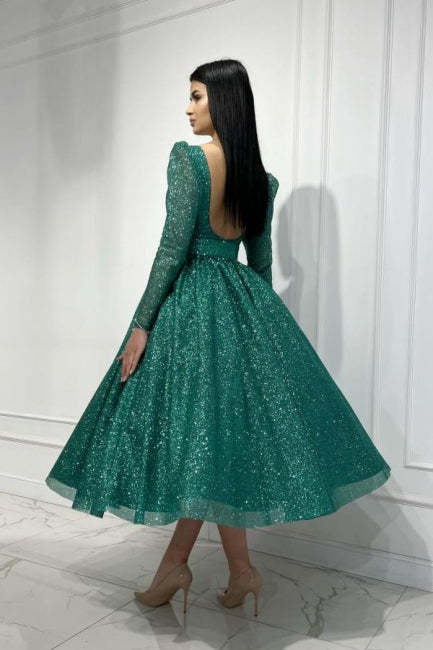 Glamorous Dark Green A-line Sequined Ankle Length Graduation Dresses with Long Sleeves