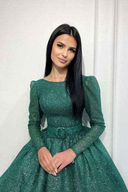 Glamorous Dark Green A-line Sequined Ankle Length Graduation Dresses with Long Sleeves