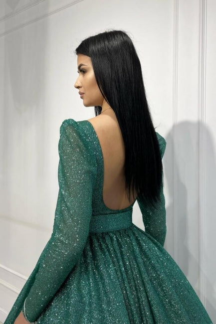 Glamorous Dark Green A-line Sequined Ankle Length Graduation Dresses with Long Sleeves