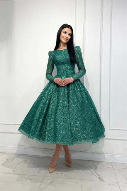 Glamorous Dark Green A-line Sequined Ankle Length Graduation Dresses with Long Sleeves