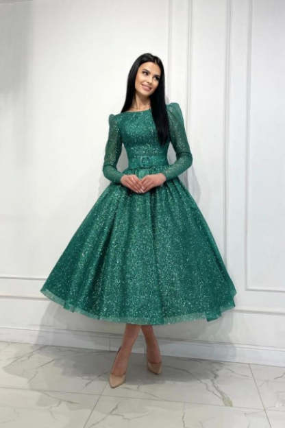 Glamorous Dark Green A-line Sequined Ankle Length Graduation Dresses with Long Sleeves