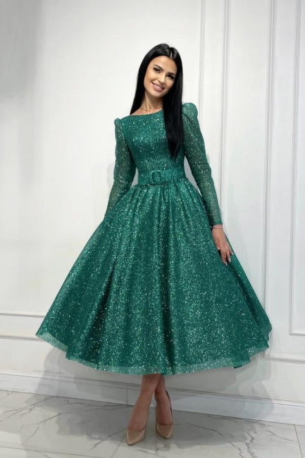 Glamorous Dark Green A-line Sequined Ankle Length Graduation Dresses with Long Sleeves