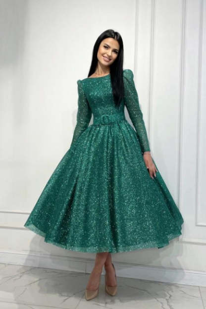 Glamorous Dark Green A-line Sequined Ankle Length Graduation Dresses with Long Sleeves
