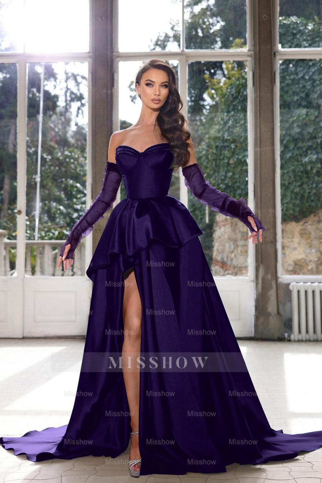 Glamorous Half Sleeves Ink Blue Formal Dress Strapless With High Split Gown