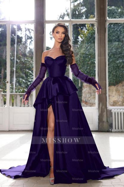 Glamorous Half Sleeves Ink Blue Formal Dress Strapless With High Split Gown