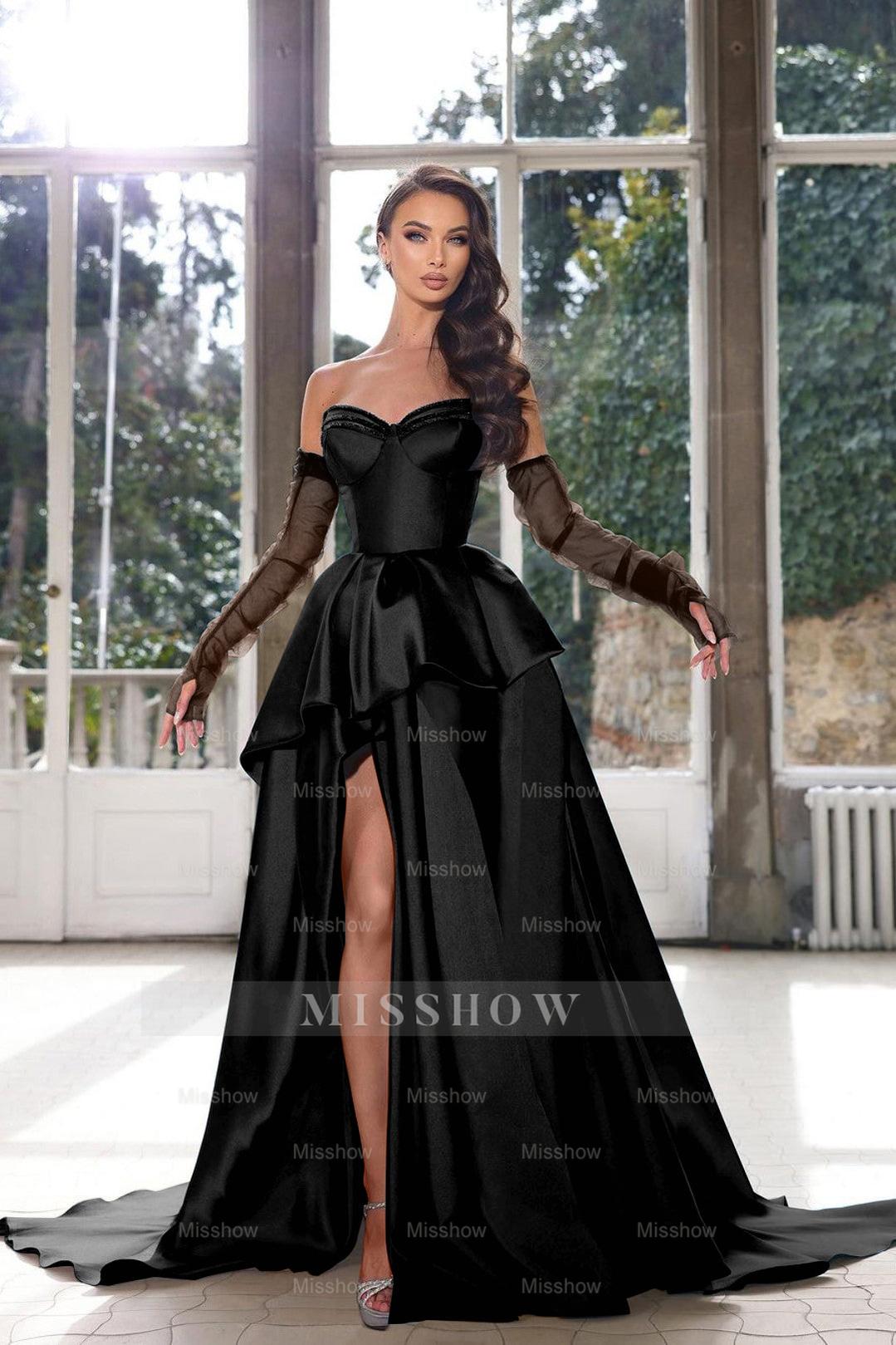 Glamorous Half Sleeves Ink Blue Formal Dress Strapless With High Split Gown