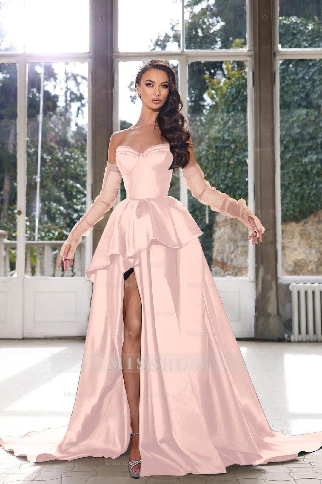 Glamorous Half Sleeves Ink Blue Formal Dress Strapless With High Split Gown