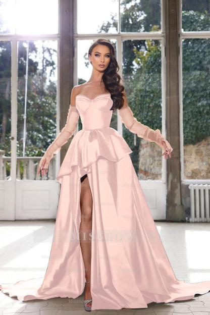 Glamorous Half Sleeves Ink Blue Formal Dress Strapless With High Split Gown