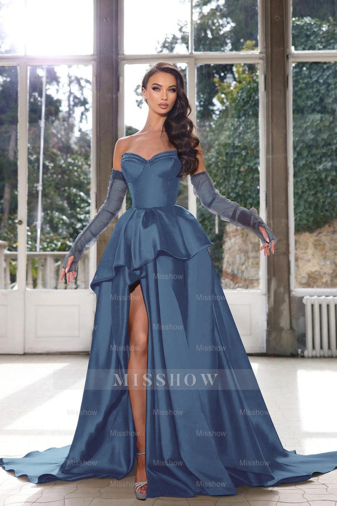 Glamorous Half Sleeves Ink Blue Formal Dress Strapless With High Split Gown