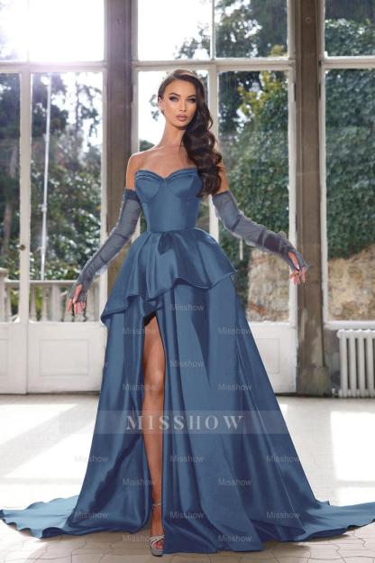 Glamorous Half Sleeves Ink Blue Formal Dress Strapless With High Split Gown