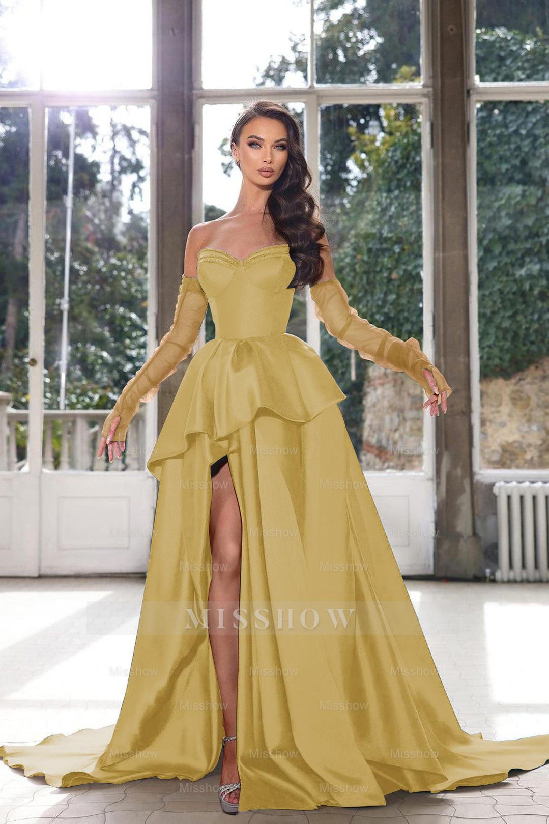 Glamorous Half Sleeves Ink Blue Formal Dress Strapless With High Split Gown