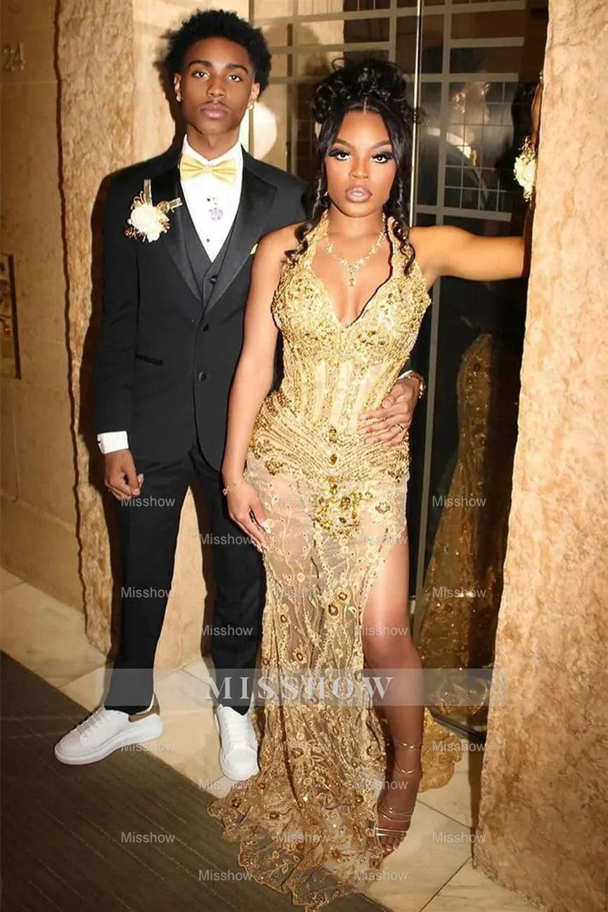 Glamorous Halter Gold Lace Beaded Sleeveless Long Prom Dress with Slit