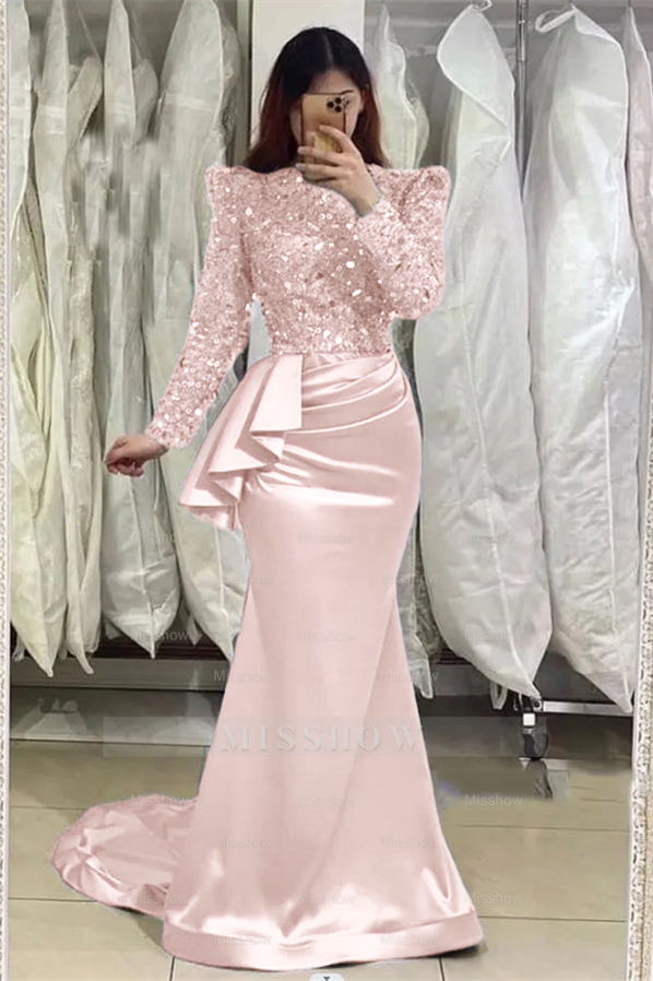 Glamorous Lavender Long Mermaid High Neck Beading Prom Dress With Long Sleeves