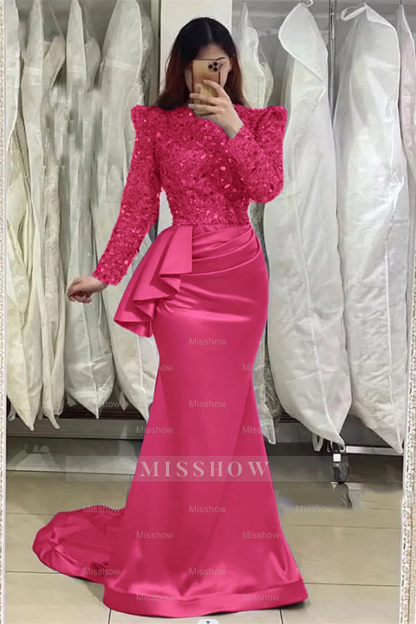 Glamorous Lavender Long Mermaid High Neck Beading Prom Dress With Long Sleeves