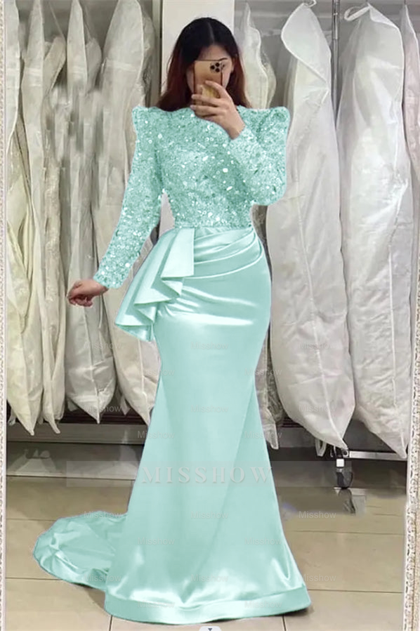 Glamorous Lavender Long Mermaid High Neck Beading Prom Dress With Long Sleeves