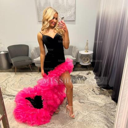 Glamorous Long Black and Fuchsia Speghetti Straps Prom Dress with Ruffles and Slit