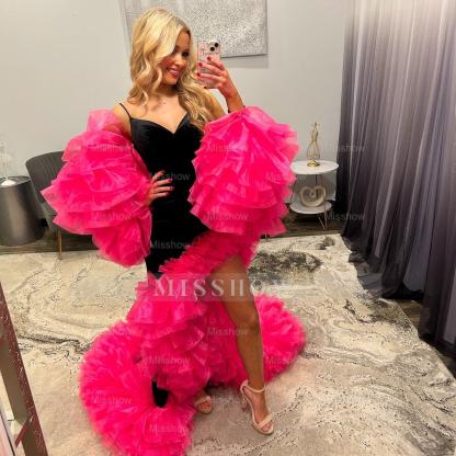 Glamorous Long Black and Fuchsia Speghetti Straps Prom Dress with Ruffles and Slit