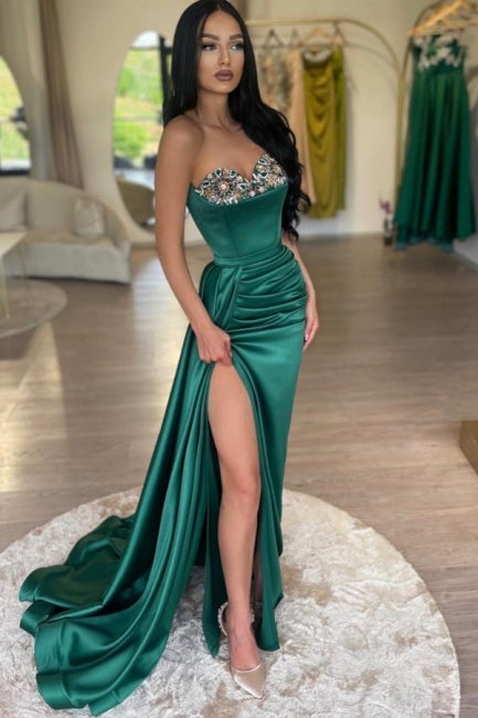 Glamorous Long Dark Green Mermaid Strapless Satin Beading Prom Evening Dresses with Slit