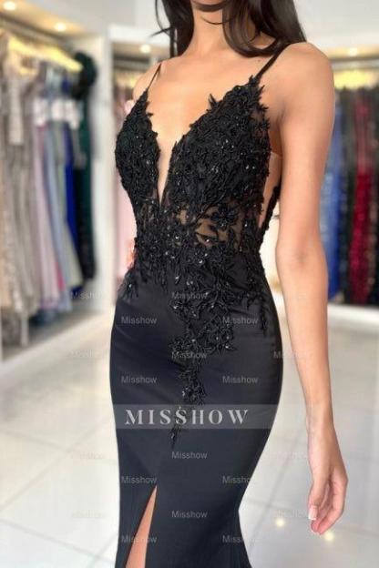 Glamorous Long Mermaid V-neck Spaghetti Straps Lace Prom Evening Dresses with Slit