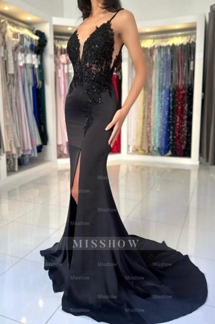 Glamorous Long Mermaid V-neck Spaghetti Straps Lace Prom Evening Dresses with Slit