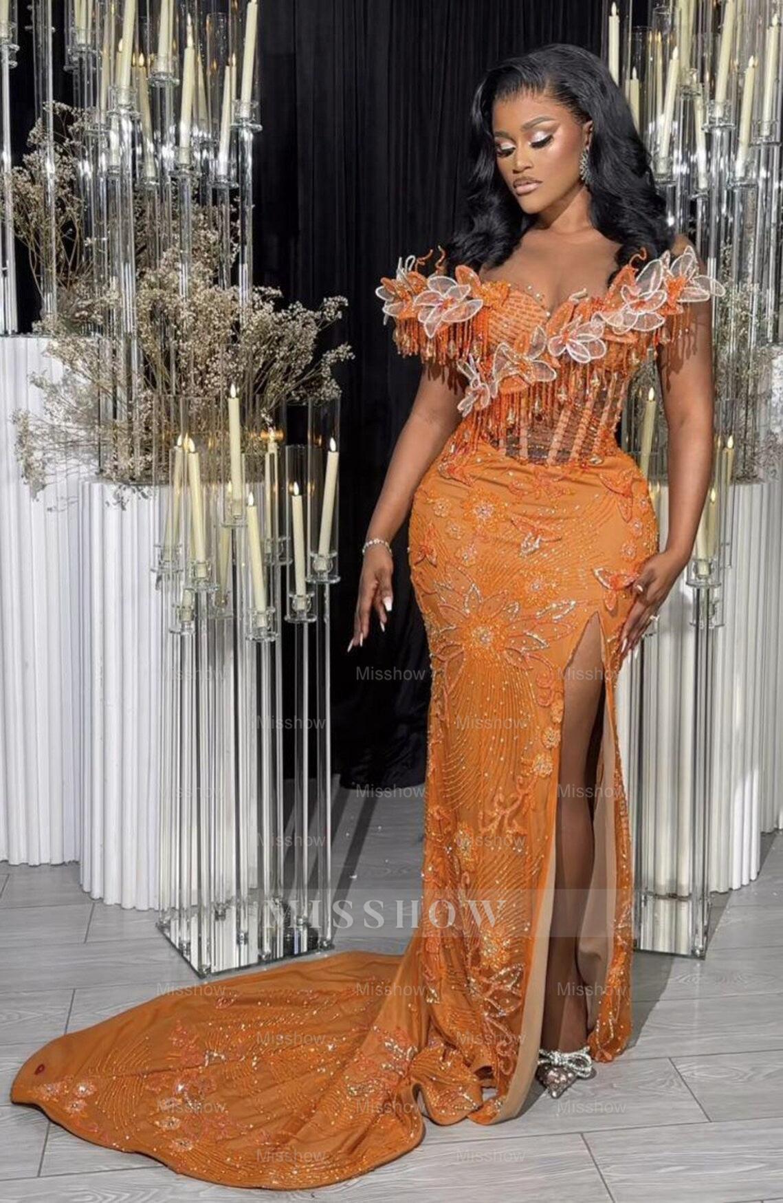 Glamorous Long Orange Mermaid Off-the-shoulder Lace Glitter Prom Evening Dress with Slit