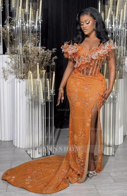 Glamorous Long Orange Mermaid Off-the-shoulder Lace Glitter Prom Evening Dress with Slit