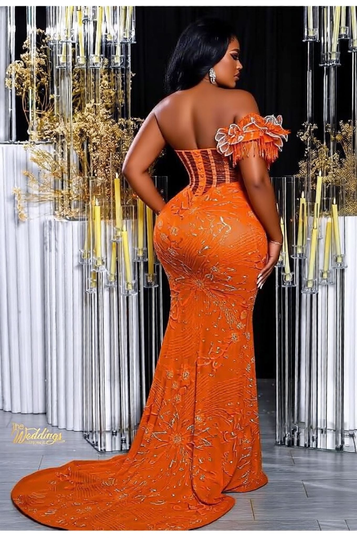 Glamorous Long Orange Mermaid Off-the-shoulder Lace Glitter Prom Evening Dress with Slit