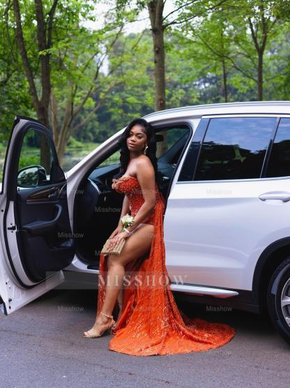 Glamorous Long Orange Sleeveless Sequined Lace Prom Dress with Slit