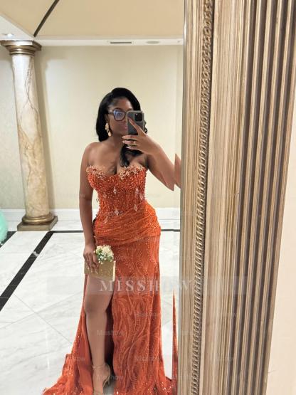 Glamorous Long Orange Sleeveless Sequined Lace Prom Dress with Slit