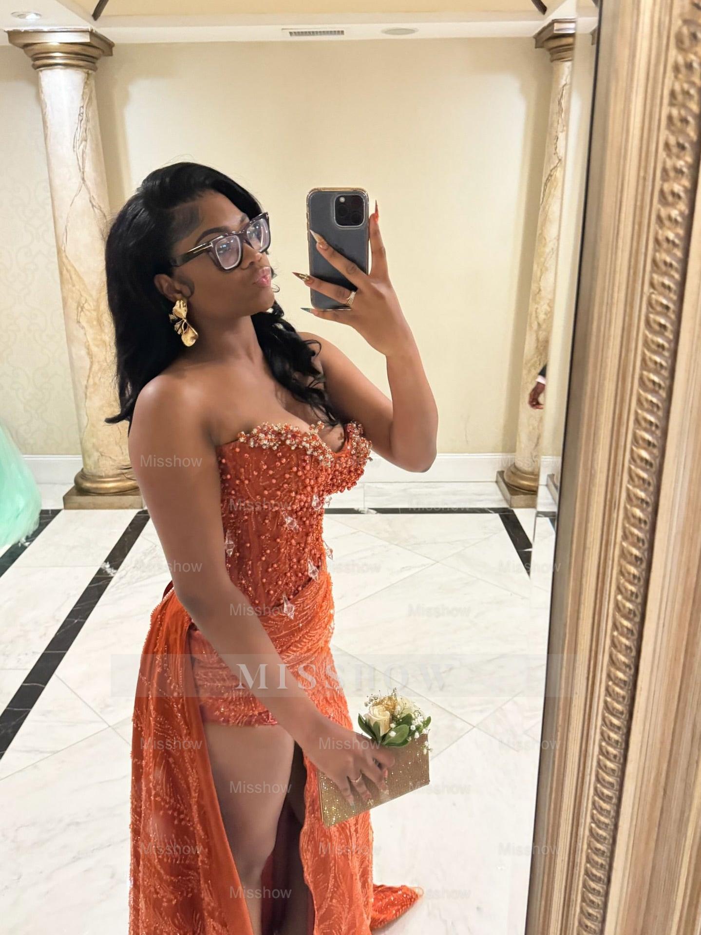 Glamorous Long Orange Sleeveless Sequined Lace Prom Dress with Slit