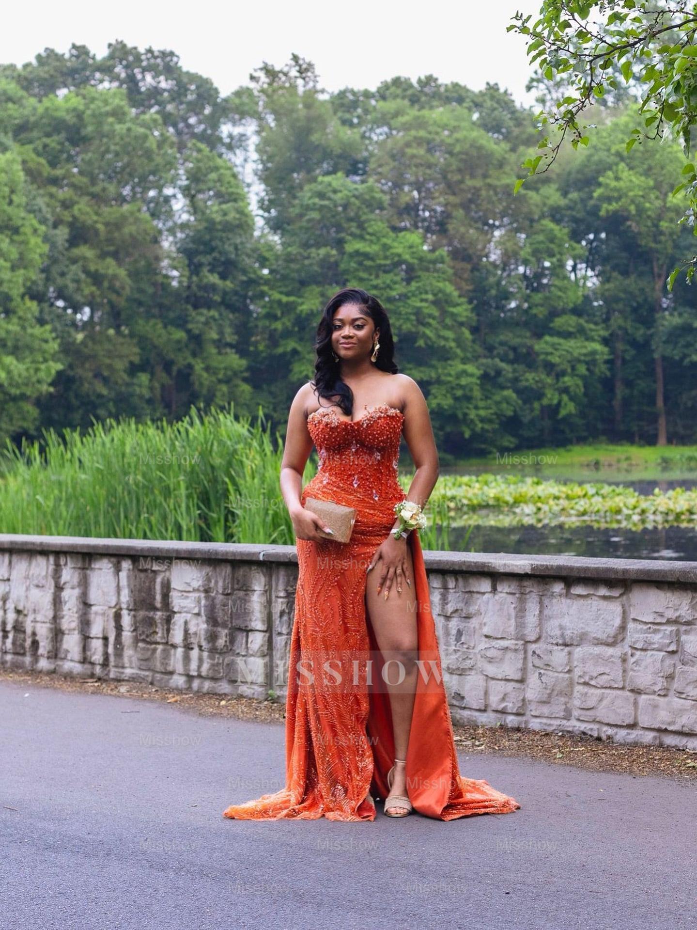 Glamorous Long Orange Sleeveless Sequined Lace Prom Dress with Slit