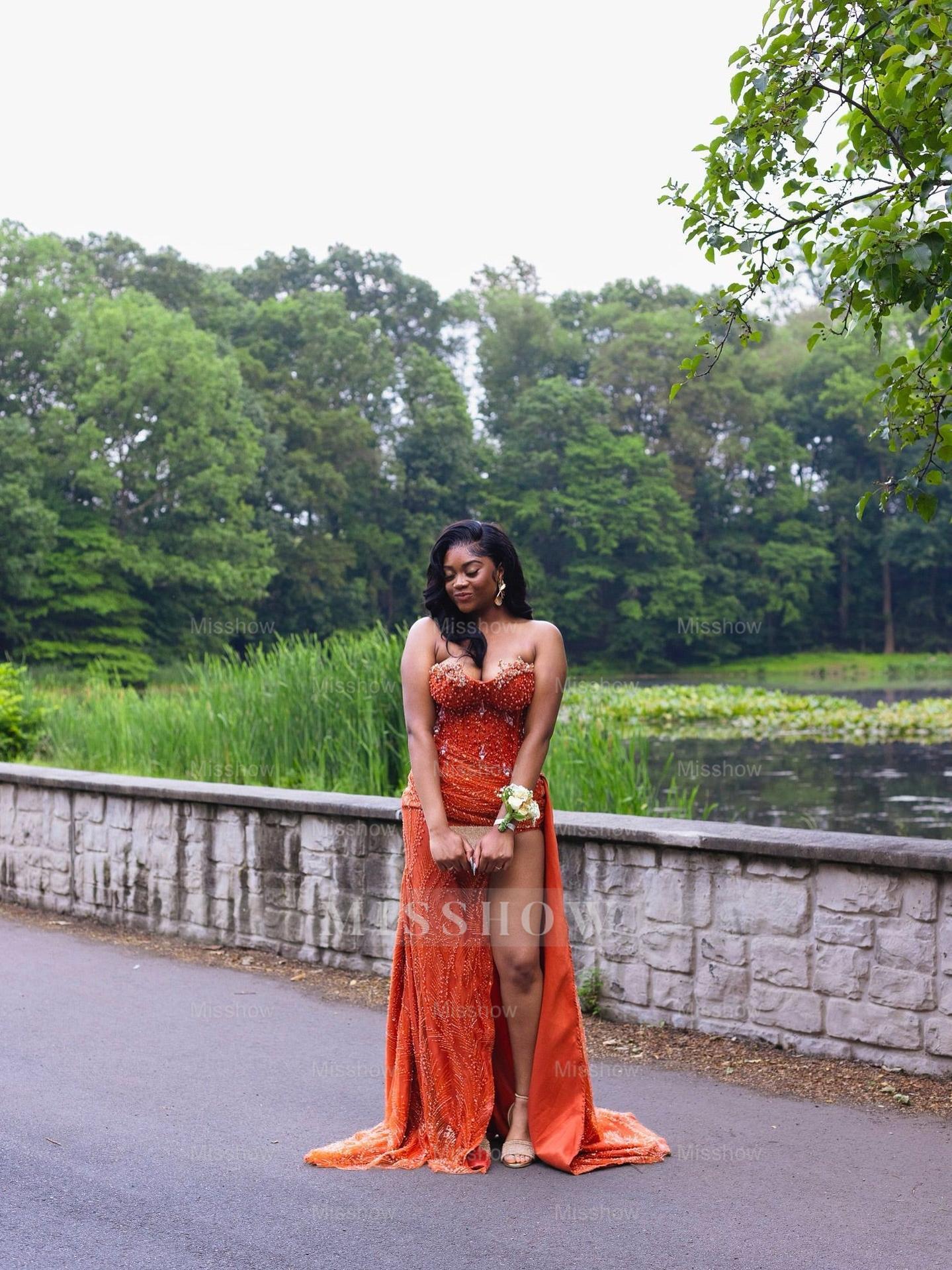 Glamorous Long Orange Sleeveless Sequined Lace Prom Dress with Slit