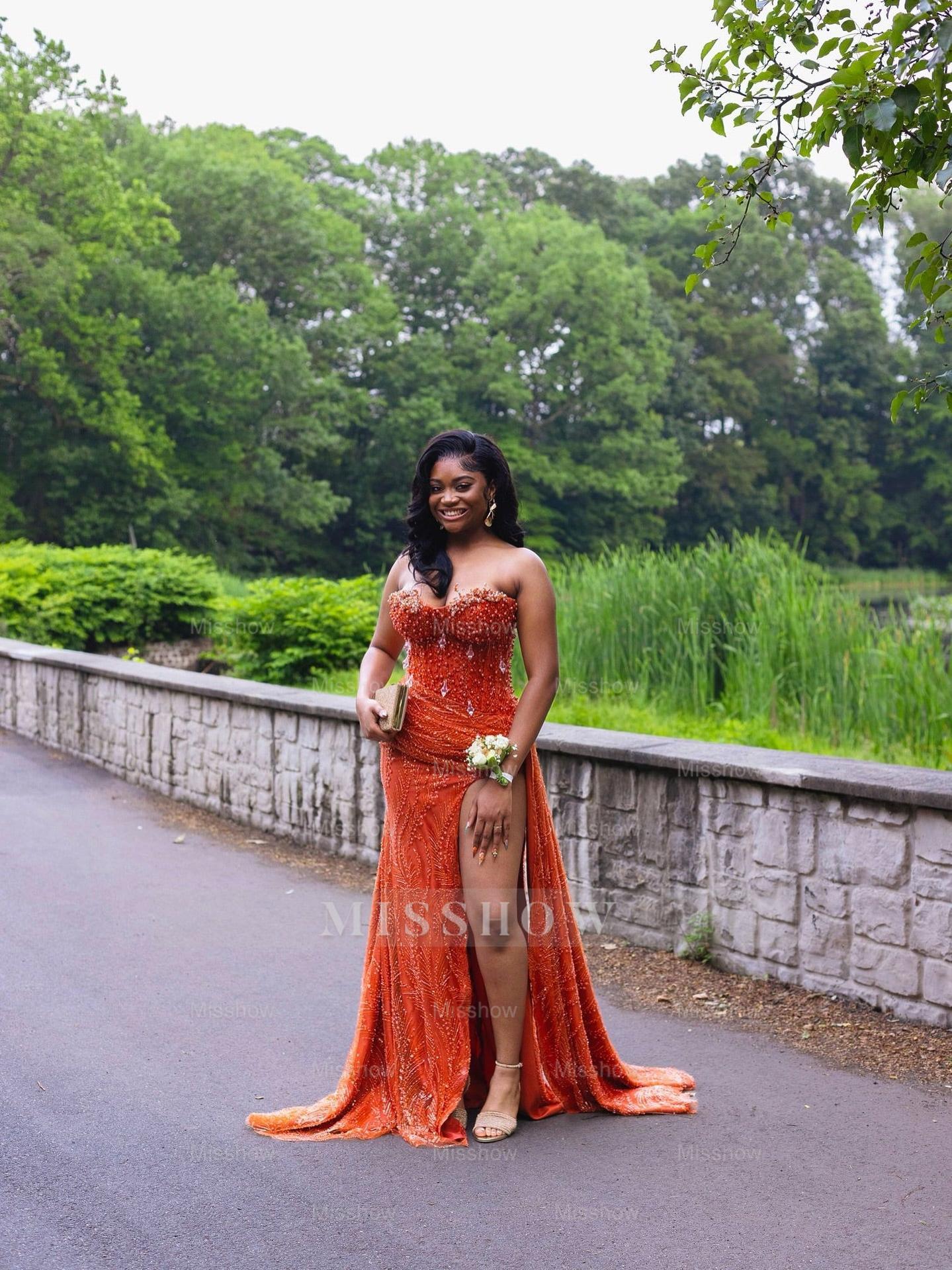 Glamorous Long Orange Sleeveless Sequined Lace Prom Dress with Slit