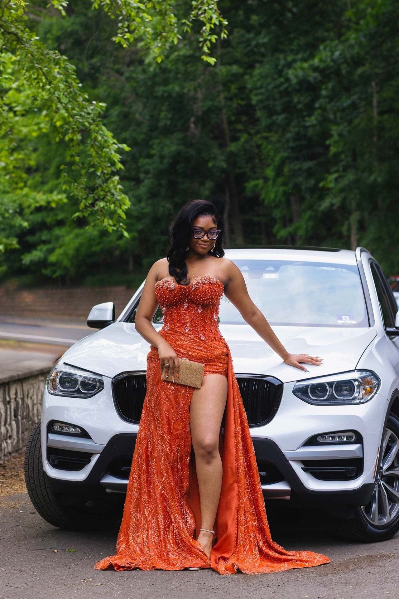 Glamorous Long Orange Sleeveless Sequined Lace Prom Dress with Slit