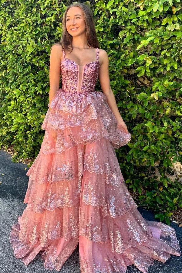 Glamorous Long Pink A-line Spaghetti Straps Lace Prom Dress