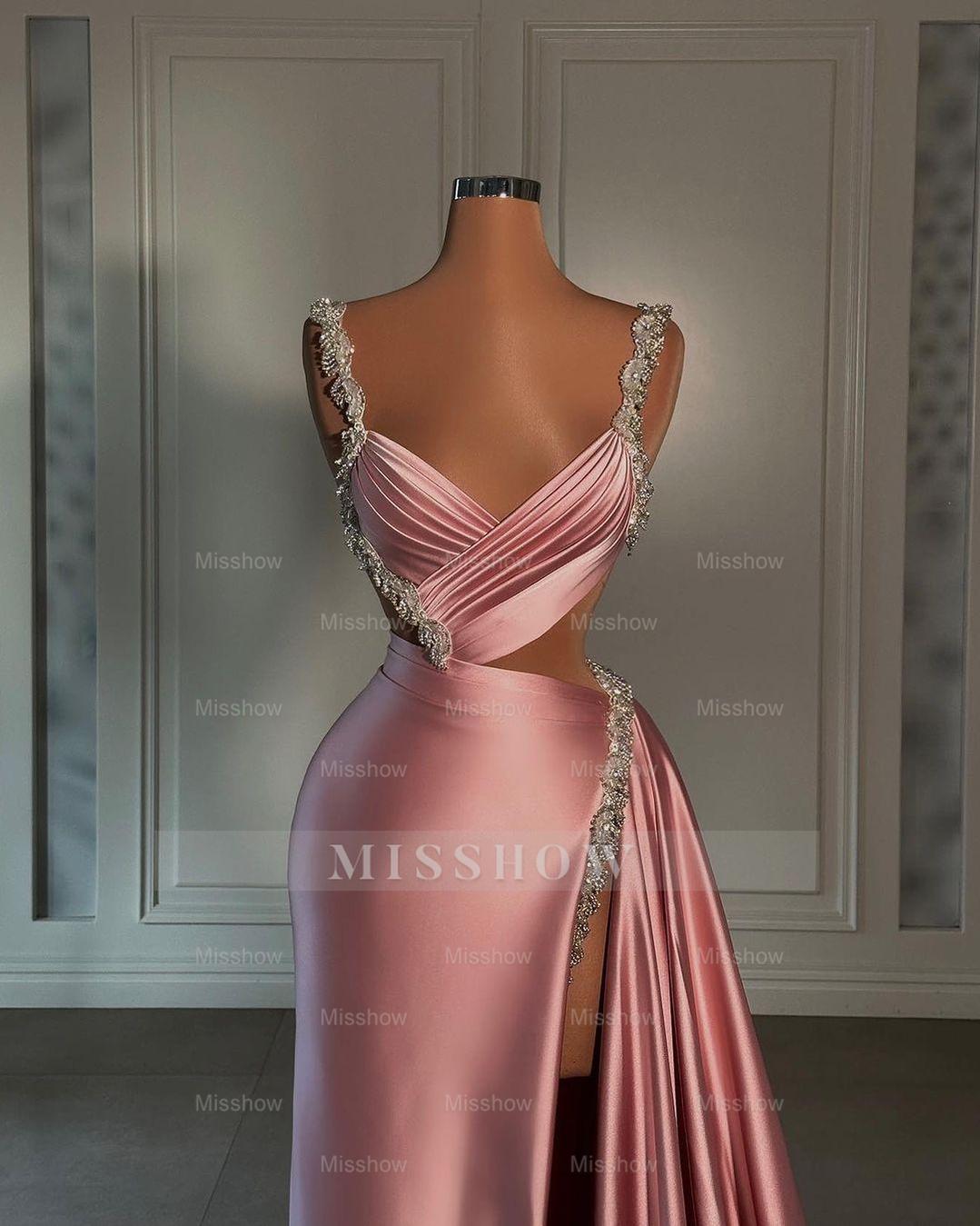 Glamorous Long Pink Straps Satin Split Front Beading Prom Dress With Ruffles