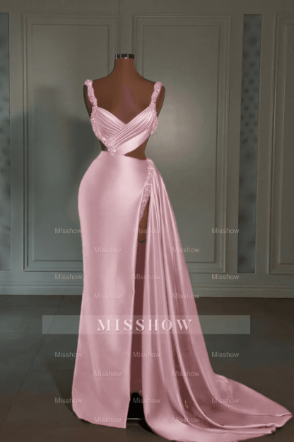 Glamorous Long Pink Straps Satin Split Front Beading Prom Dress With Ruffles