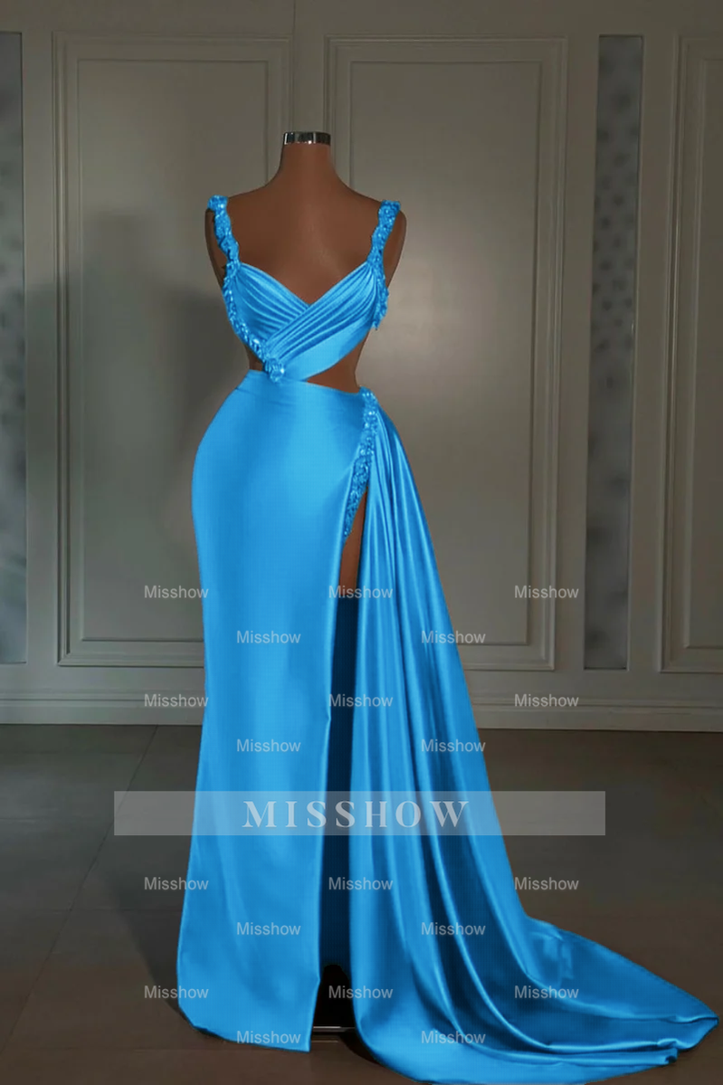 Glamorous Long Pink Straps Satin Split Front Beading Prom Dress With Ruffles