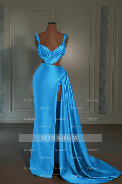 Glamorous Long Pink Straps Satin Split Front Beading Prom Dress With Ruffles