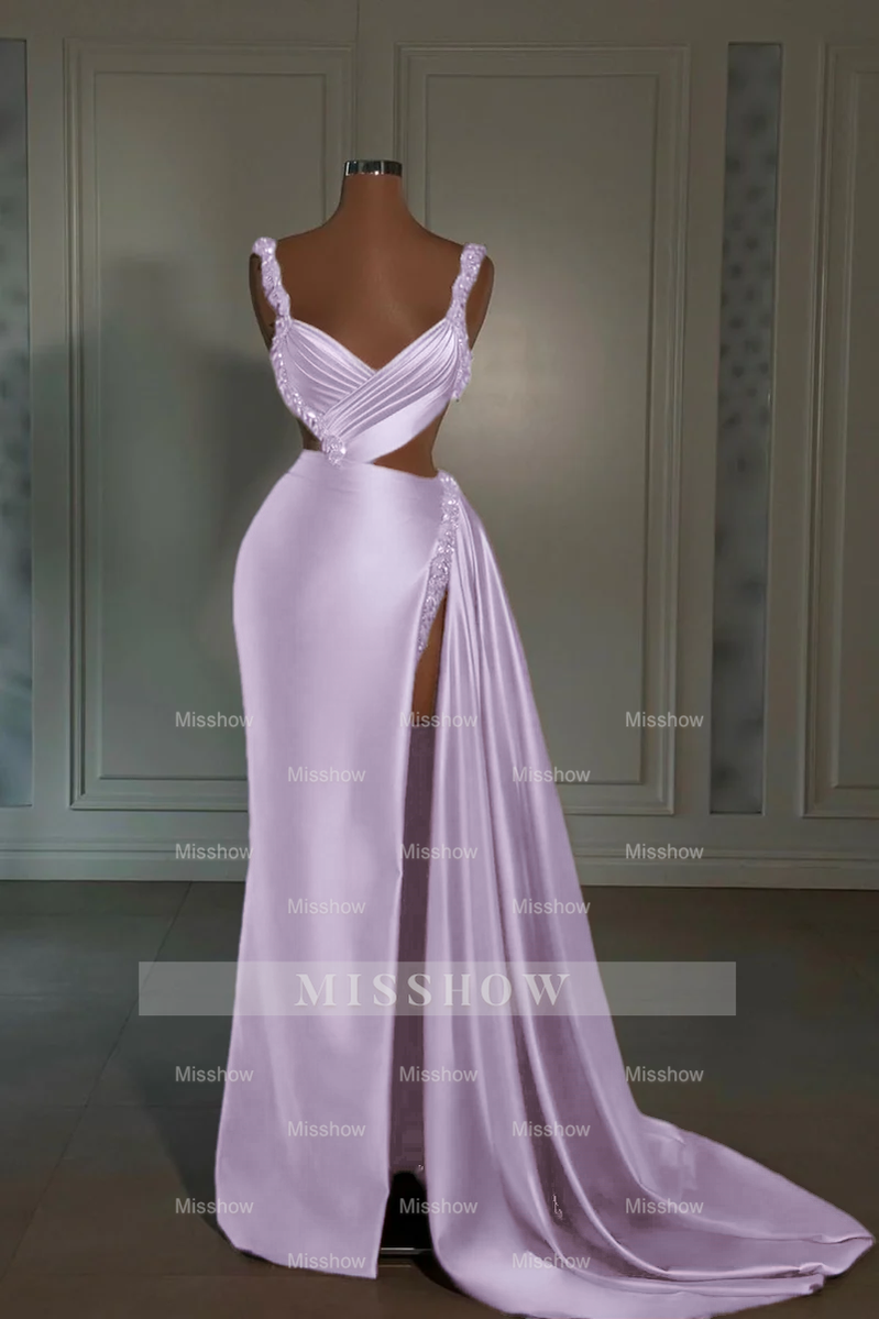 Glamorous Long Pink Straps Satin Split Front Beading Prom Dress With Ruffles