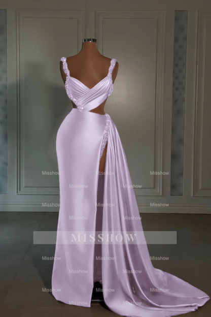 Glamorous Long Pink Straps Satin Split Front Beading Prom Dress With Ruffles
