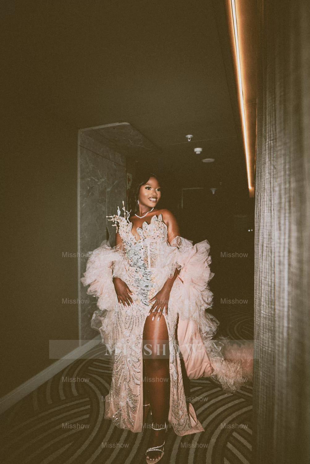 Glamorous Long Pink Sweetheart Sleeveless Mermaid Prom Dress with Slit and Detachable Train