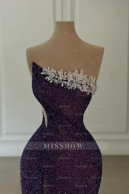 Glamorous Long Purple Strapless Sequined Beading Prom Evening Dresses with Slit
