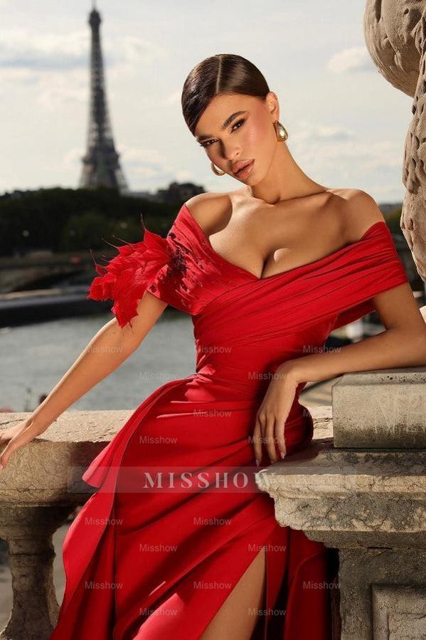 Glamorous Long Red A-line Off-the-shoulder Ruffles Prom Evening Dresses with Slit